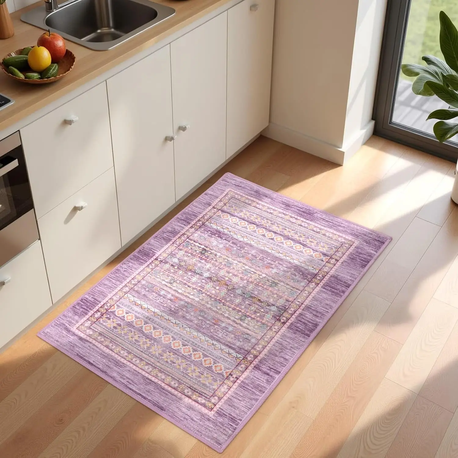 Soft Purple Pink Moroccan Rug, Washable Non Slip Aztec Geometric Throw, Small Western Carpet for Bedroom Kitchen Bathroom Foyer