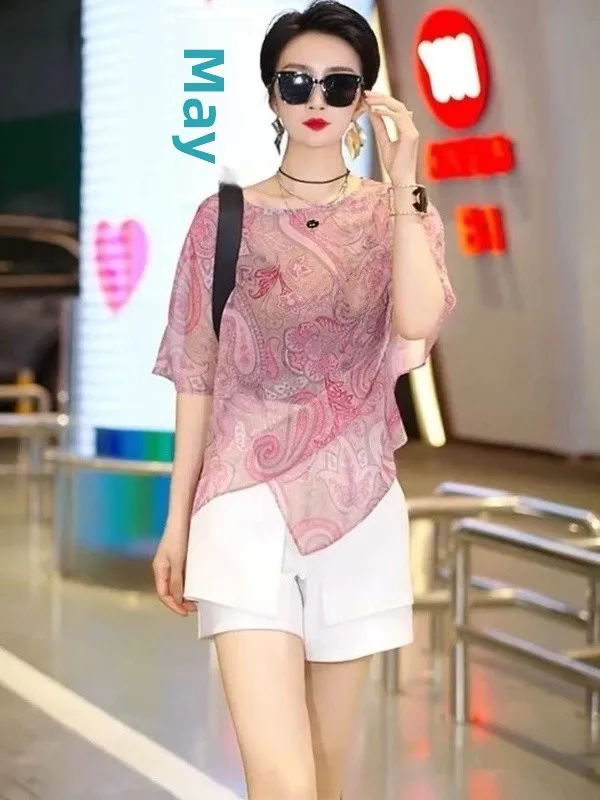 Faionable Printed irt Asymmetrical Hemline Ele Maturi Lightweight Summer New Sle High Waist T-irt Women's Clothing