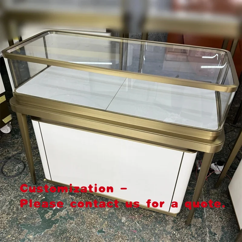 

Элитный золотой витринный шкаф для ювелирных изделий на заказ, изогнутый, стеклянный, для бутика, демонстрационный стол для украшений