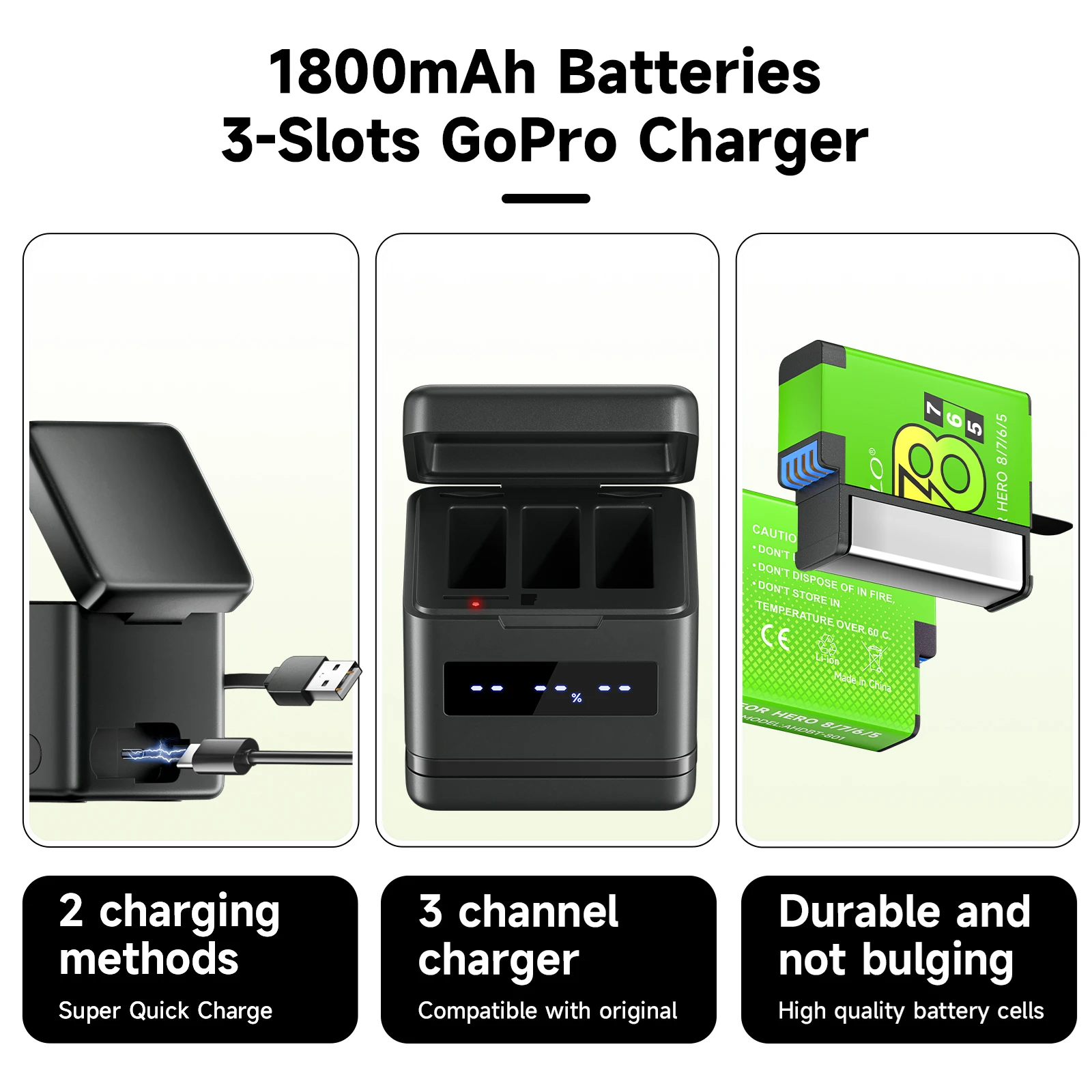 สําหรับ GoPro Hero 8 แบตเตอรี่ + 3 Solts จอแสดงผล LCD แบตเตอรี่ Charger กล่องเก็บ USB Type C สําหรับ GoPro Hero 8 7 5 6 กล้อง