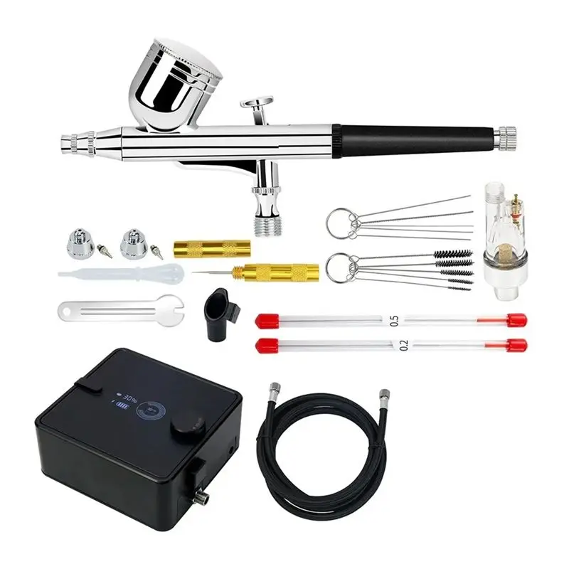 A7THK-Air Brush Kit Rechargeable Dual-Action With Air Pump Battery Indicator For Makeup Painting Cake Barber EU Plug