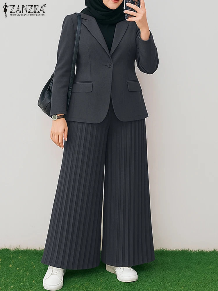 ZANZEA Autumn 2 Piece Sets Women Office Outfits 2025 Elegant Long Sleeve Blazer Wide Leg Pleated Trousers Suit Muslim Tracksuits