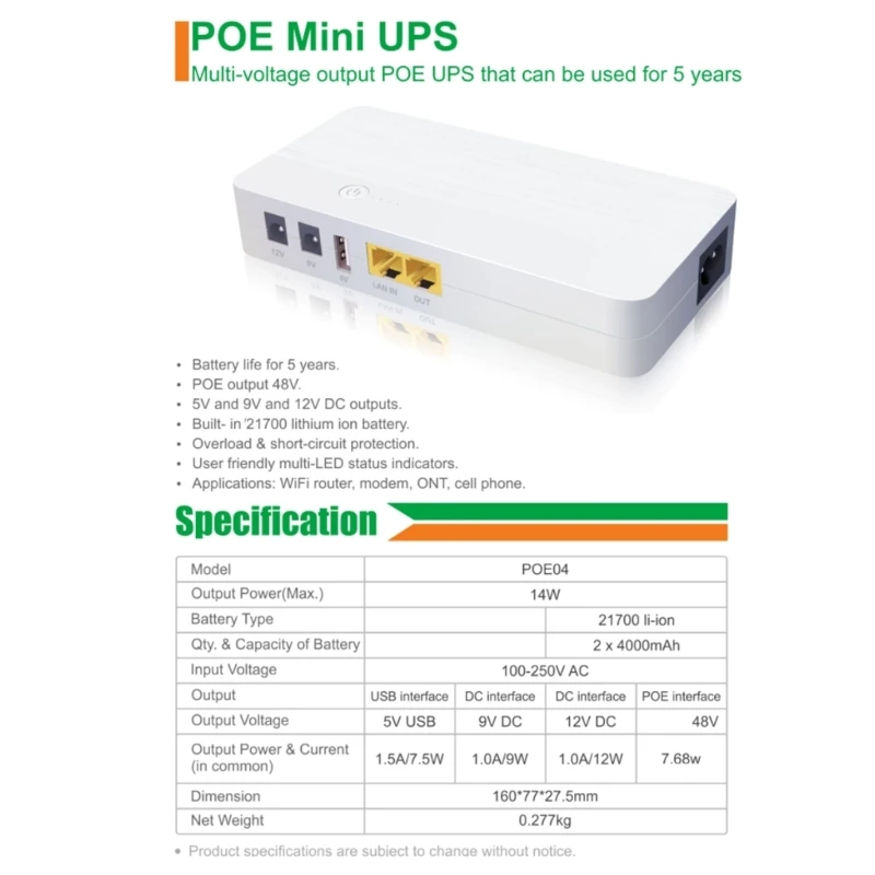 Universal 8000mAh 5.5x2.5mm 48V 5V 9V 12V POE UPS Power Supply for WiFi Router 95AF