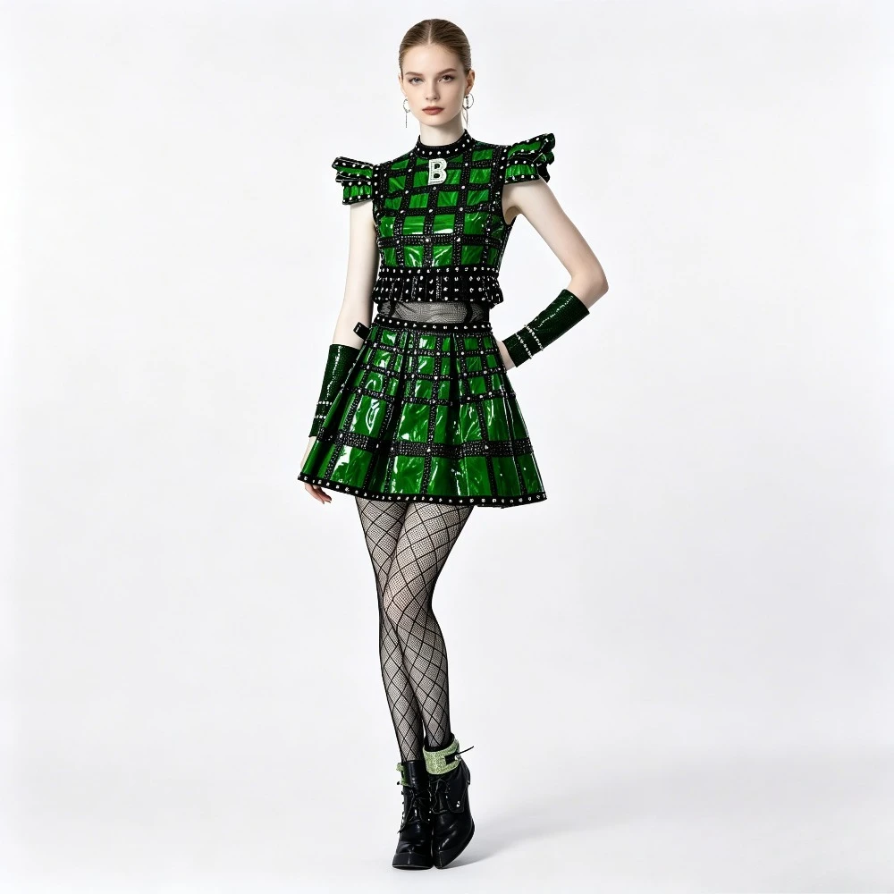 

Musical Cosplay Full Set Green Rivet Cool Edgy Skirt with All Accessories Adult Women Stage Performance Halloween Costume