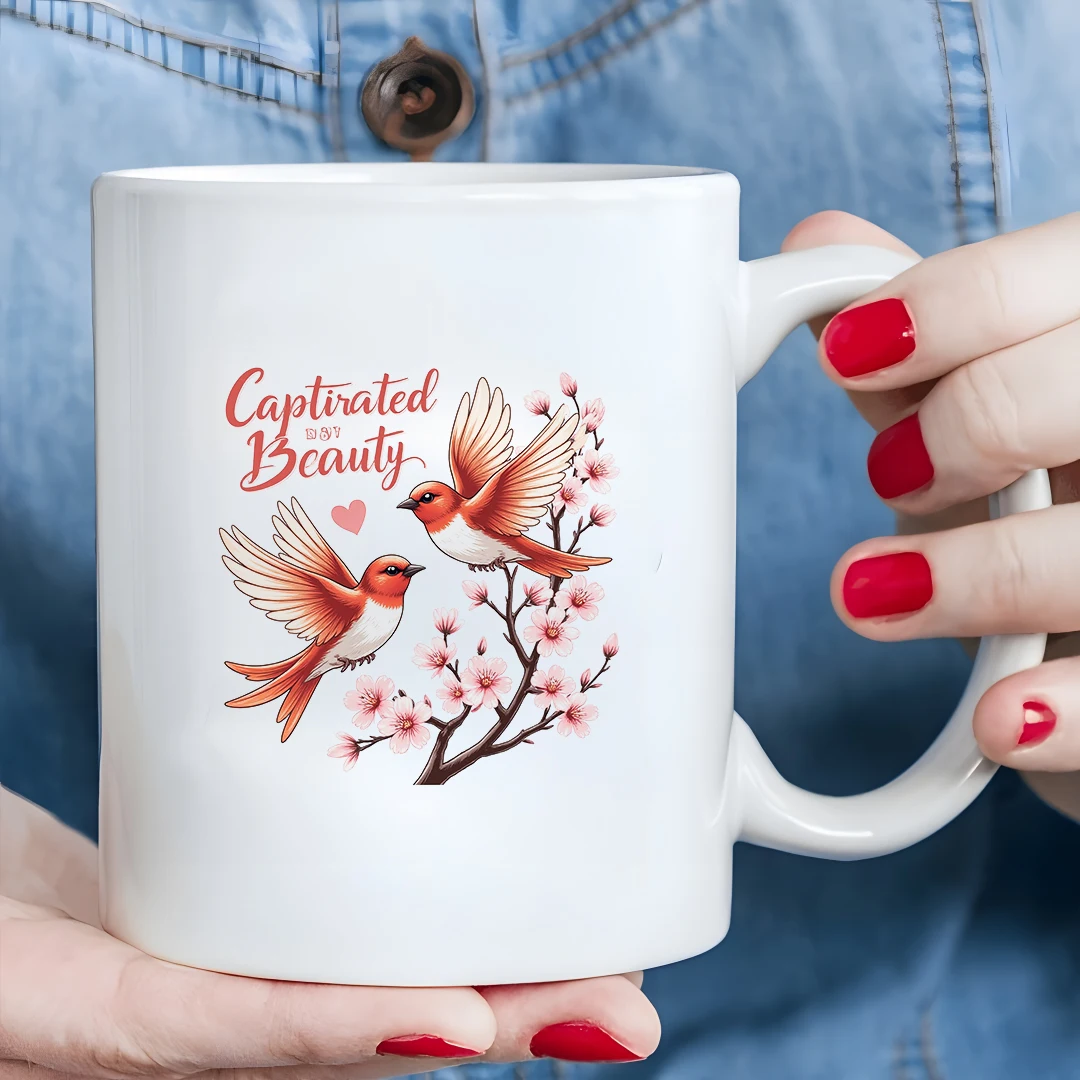 

Cherry Blossom Birdsong 11oz Mug Heartwarming Flying Bird Design Home Office Cold & Hot Beverage Cup Christmas Gift