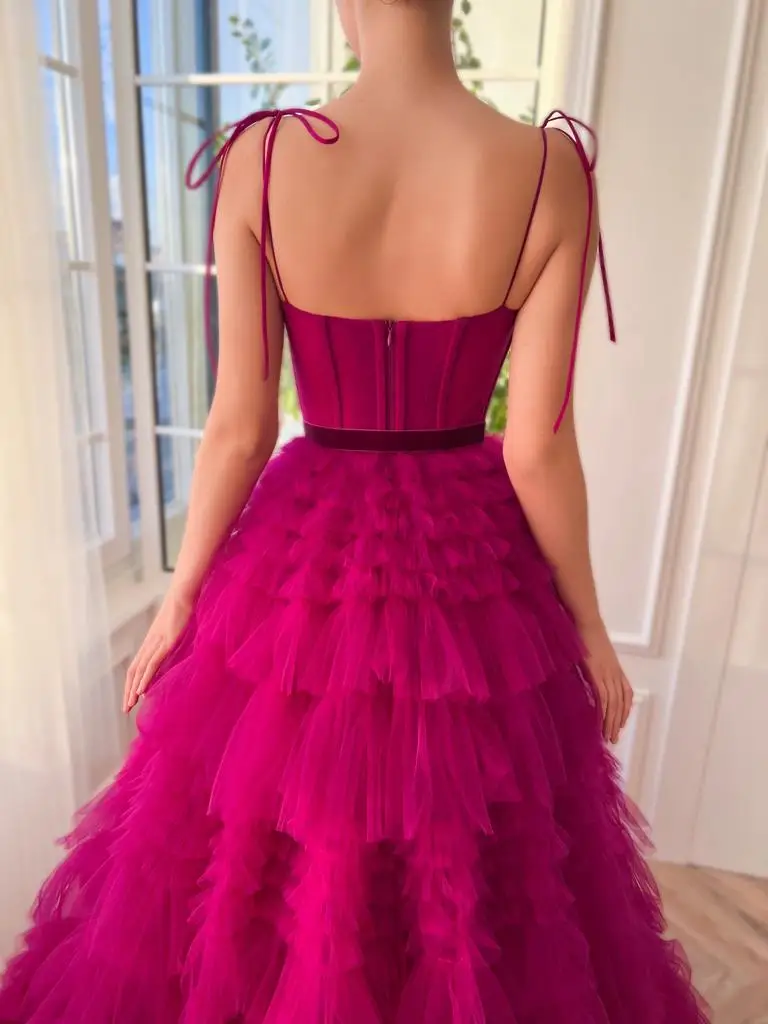 Tulle Bow Spaghetti Straps A-line Evening Dresses Sweetheart Backless Tiered Pleats Cake Dress Luxury Long Graduation Gowns 2024