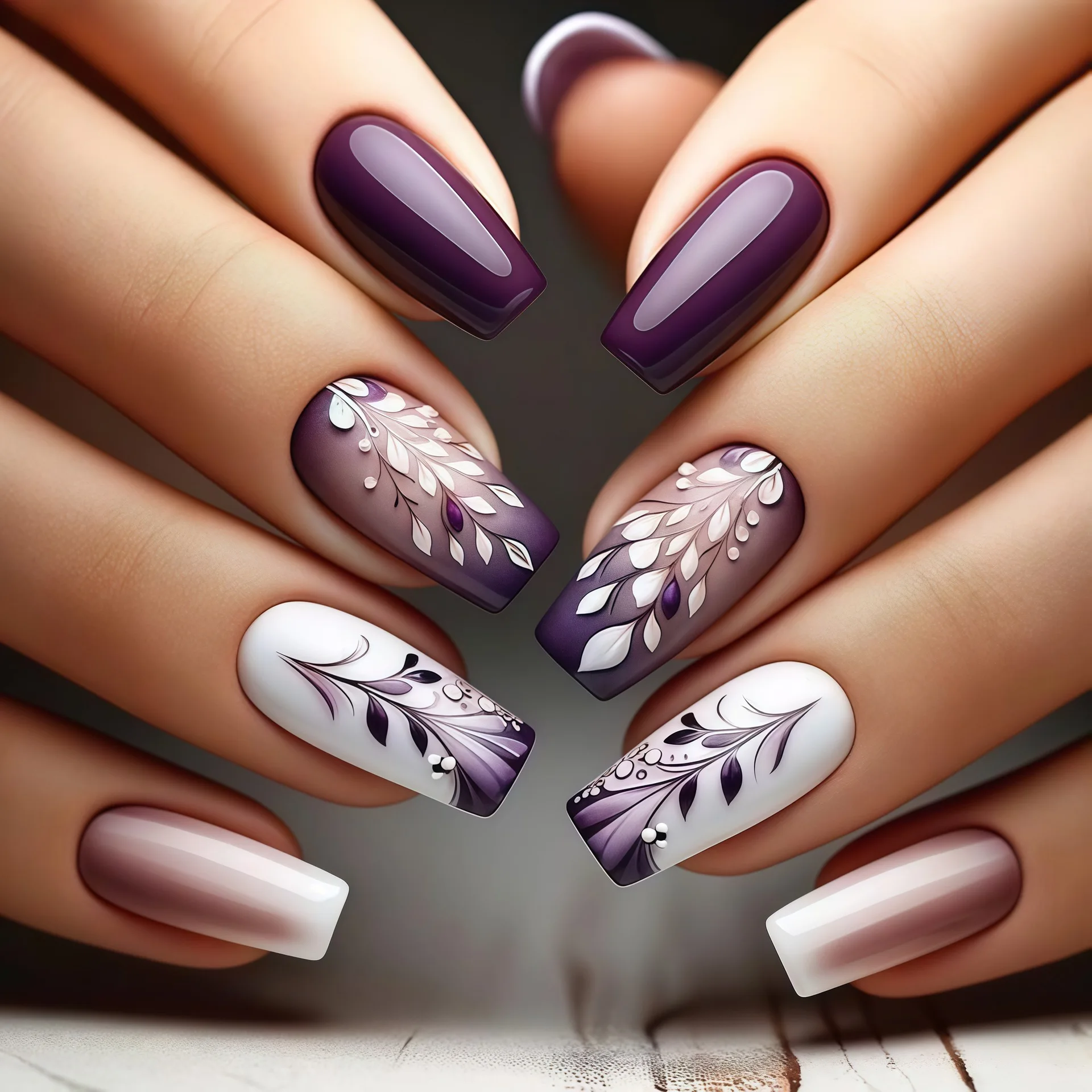 Full set of 24 medium ballet press-on nails with gradient purple-brown-blue floral design