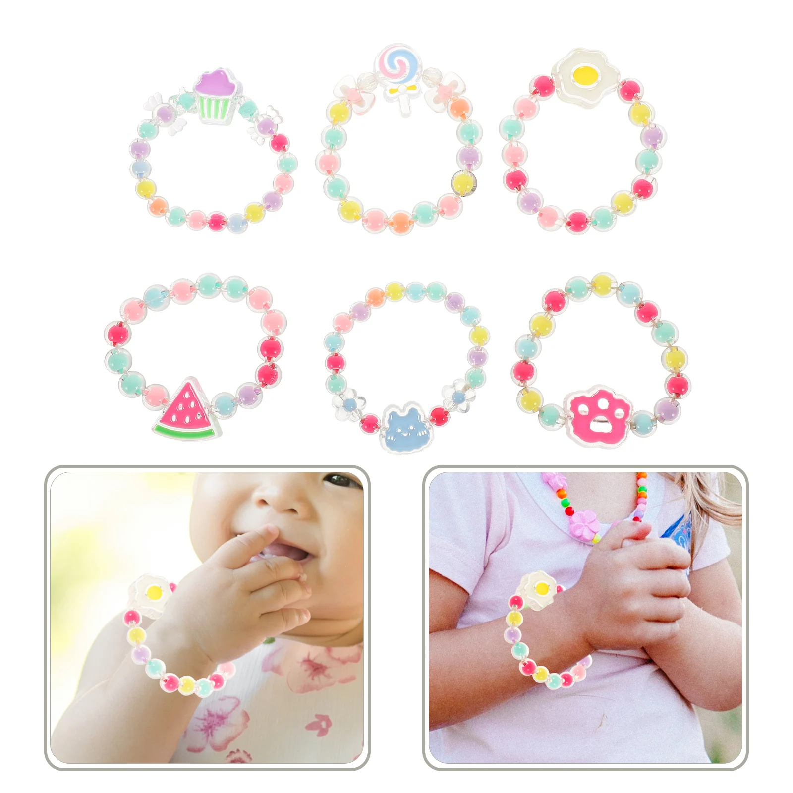 

6pcs Kids Beaded Bracelets Toddler Jewelry Set Elastic Plastic Wrist Chains Bright Color Shiny For Girls Fashionable
