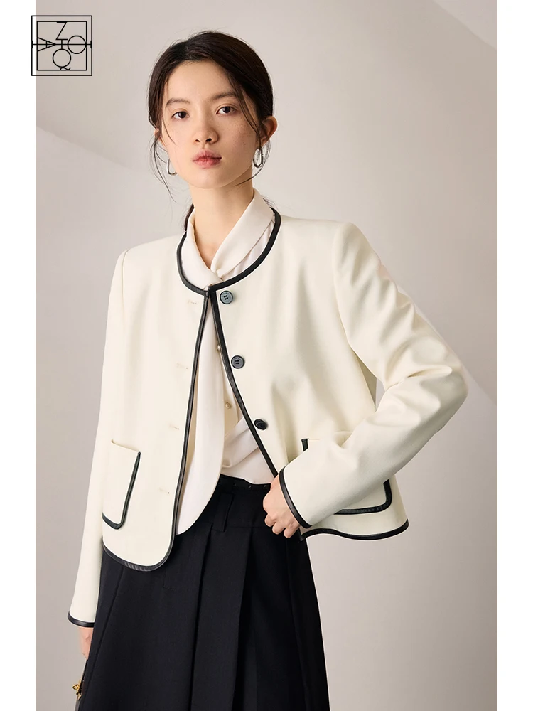 ZIQIAO French Color Contrast Elegant Short Jacket for Women Autumn Niche Design High-end Round Neck Hepburn Style Coat Female