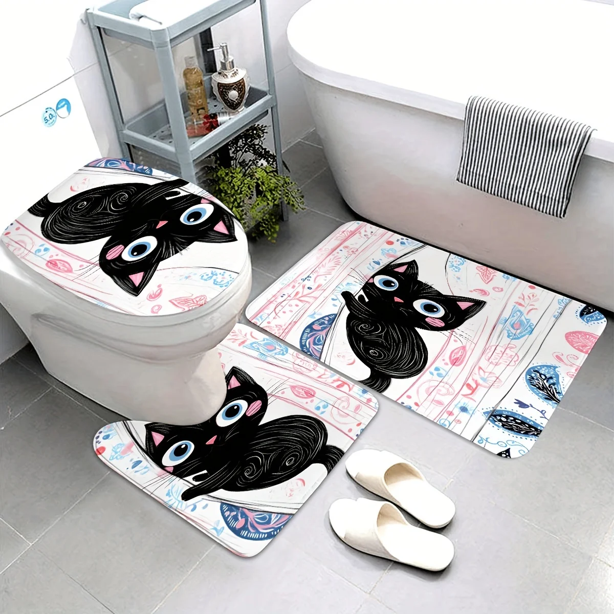 3pcs Cat Print Bathroom Mat Set Floor Rug Home Decor Toilet Bath Mats Slippers Cute Animal Prints Accessories Novelty Bathroom F