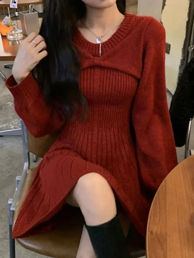 Red Dresses Women Christmas Fashion Sweet Style Schoolgirl Lovely All-match Solid Knitting Design Ins Basic Autumn Korean Party