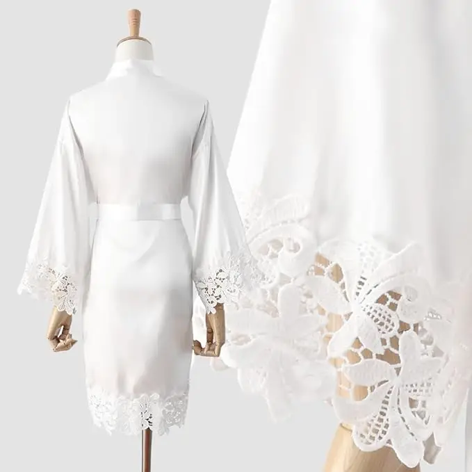 Women Lace Trim Robe Short Kimono Gown Silky Bathrobe for Bride Bridesmaid Nightgown