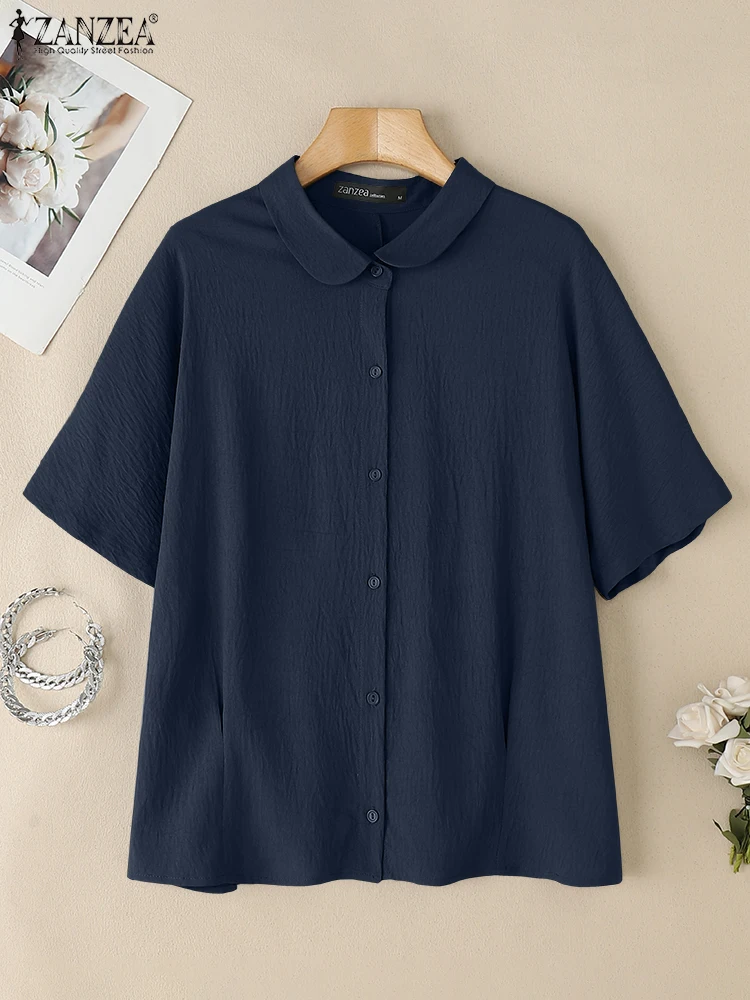 

2025 ZANZEA Summer Short Sleeve Shirts Women Solid Work OL Blouses Casual Lapel Neck Tunic Tops Buttons Blusas Oversize Chemise