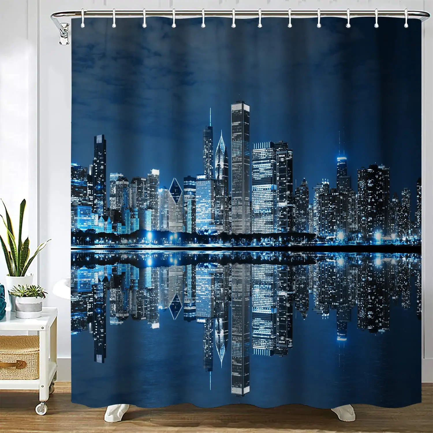 Cortina de ducha con paisaje urbano del puente de Brooklyn de Manhattan, paisaje urbano americano de Nueva York, edificio famoso, vista nocturna, cortinas para el baño