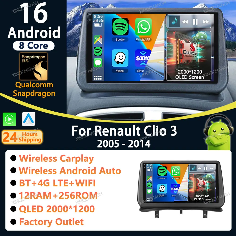 Rádio Automotivo Android 16 com Carplay Auto para Renault Clio 3 2005 - 2014, Kit de Painel para Instalação no Painel, Áudio Estéreo 2 DIN, Acessórios para Unidade Principal.