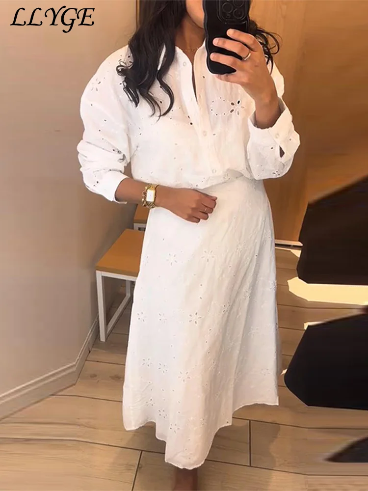 

Elegant Embroidery Hollow Out Skirt Sets Women Lapel Single Breasted Shirts Long A-line Skirts 2025 Summer Lady Chic Outfits