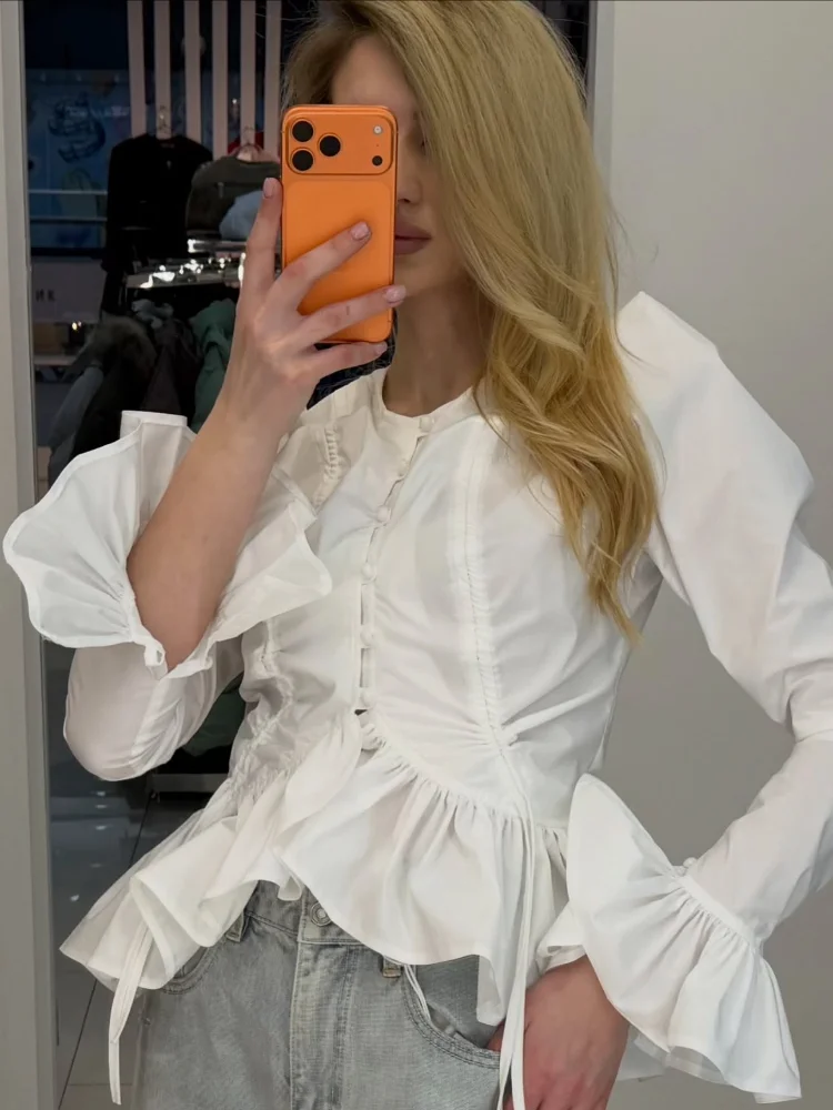 

Женская повседневная укороченная блузка с плиссированными рукавами-фонариками, оборками, асимметричным подолом, на одной пуговице, с завязками, для повседневной носки