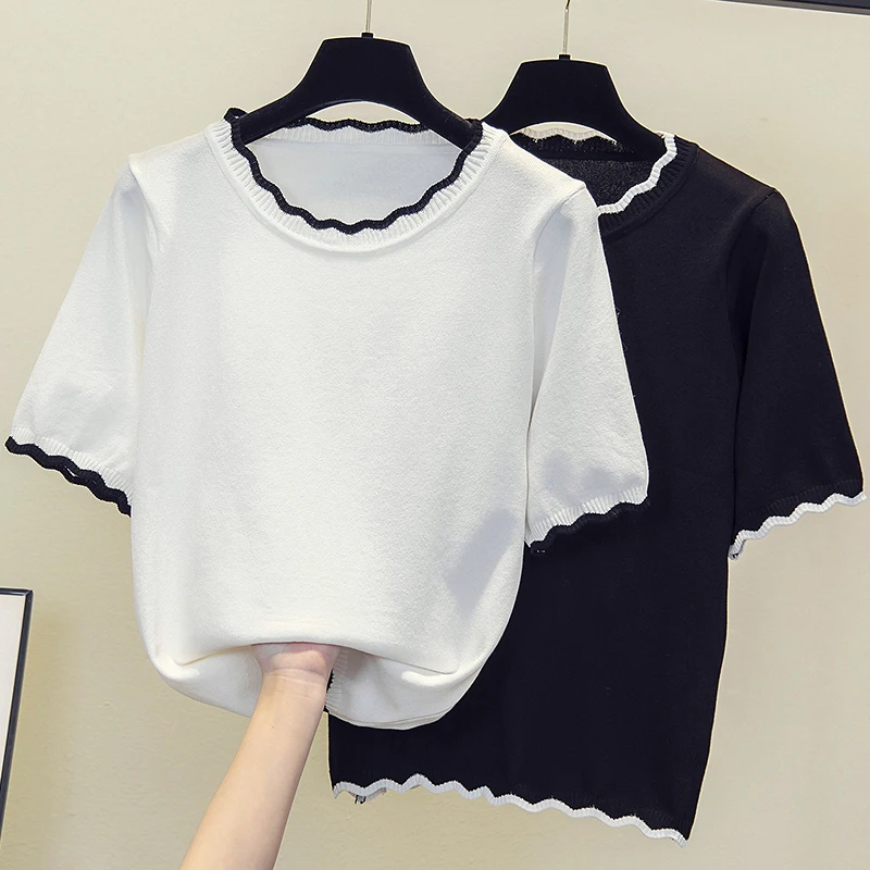 

Fashion Slim Fit Short Sleeve Round Neck Tees Korean 2024 Summer New Colorblock Knitwear Top Femme Elegant Casual T-Shirt 4XL