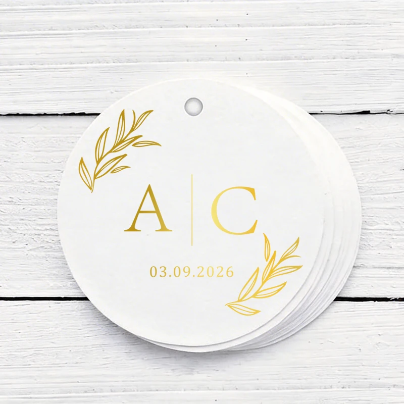50pcs Round Custom Wedding Labels, Gold Foil Name Tags Wedding, Personalized Wedding Tag