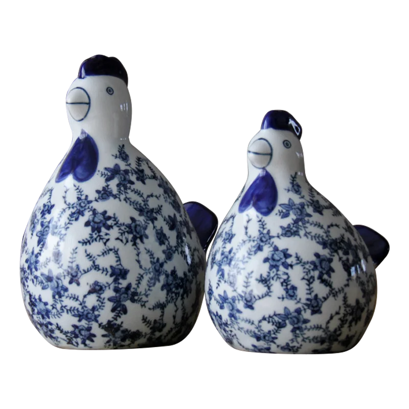 

Ceramic chicken ornament handicrafts handmade blue and white porcelain antique opening, living room model room for chicken paren