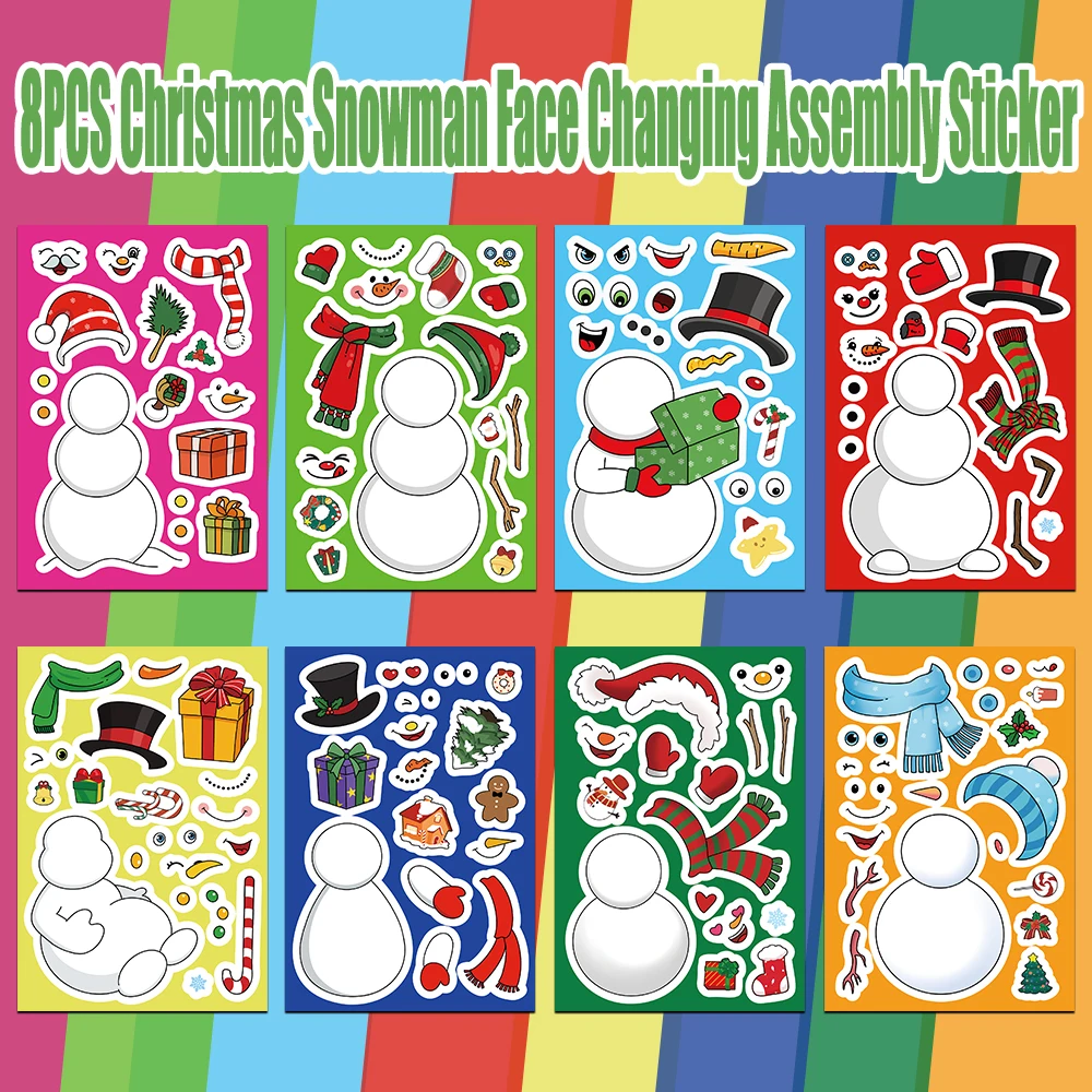 8PCS Cartoon Christmas Cute Snowman Face Changing Assembly Stickers Fun Snowman Decoration Facial Features Hat Scarf Gift