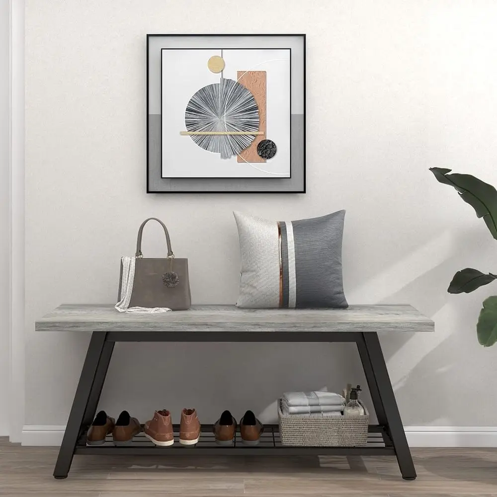 Industrial Rustic Wooden & Metal Storage Bench for Entryway, Shoe Rack, and Hallway Seating in Farmhouse Style