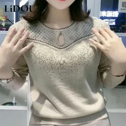 Autumn Winter New Diamonds Hollow Out Sweaters Ladies Loose Casual Knitting Pullover Top Women Oversized Jumpers Female Clothes