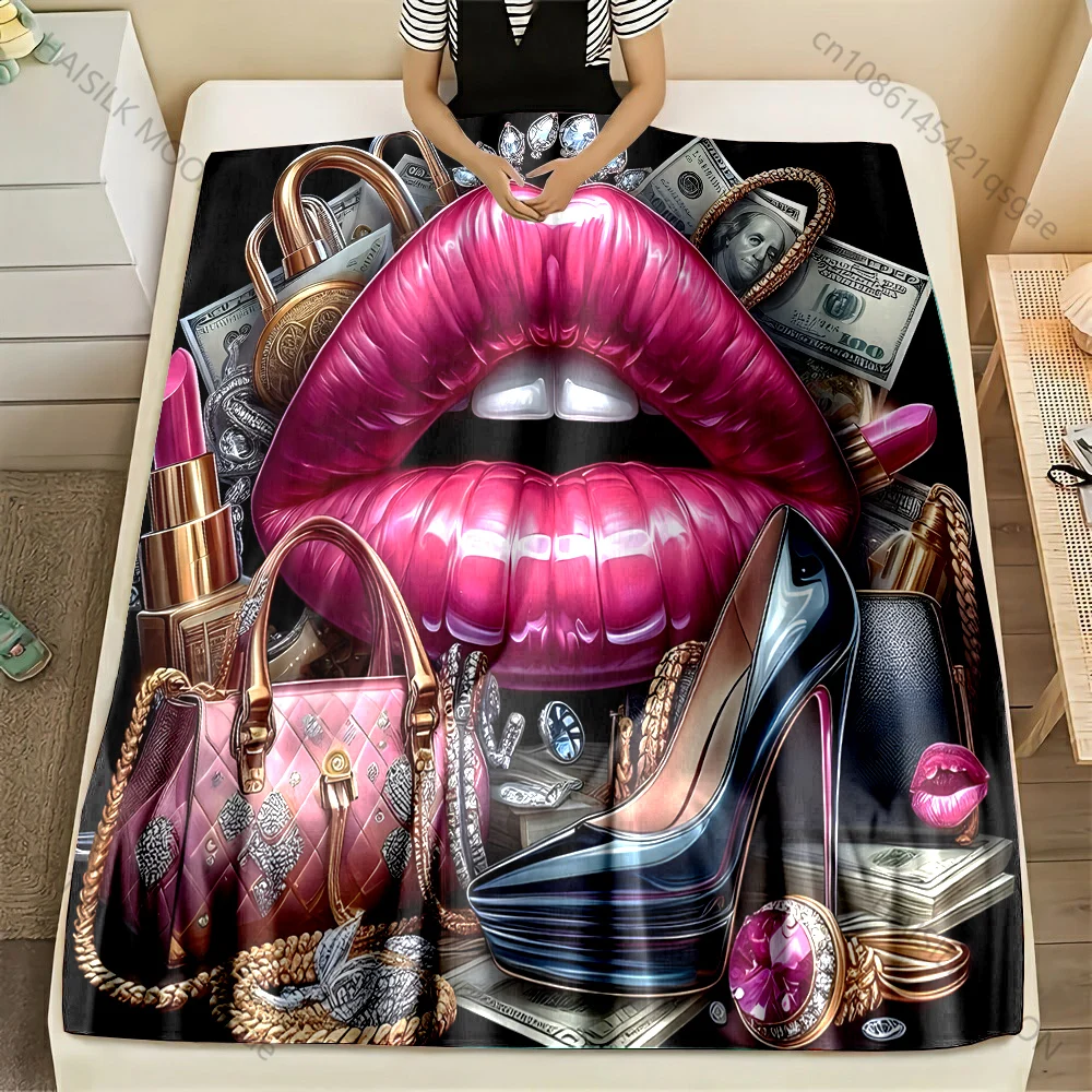 Bag Lipstick High Heels Fashion Print Blanket Flannel Material Soft Warm for All Seasons Home Outdoor Camping Picnics