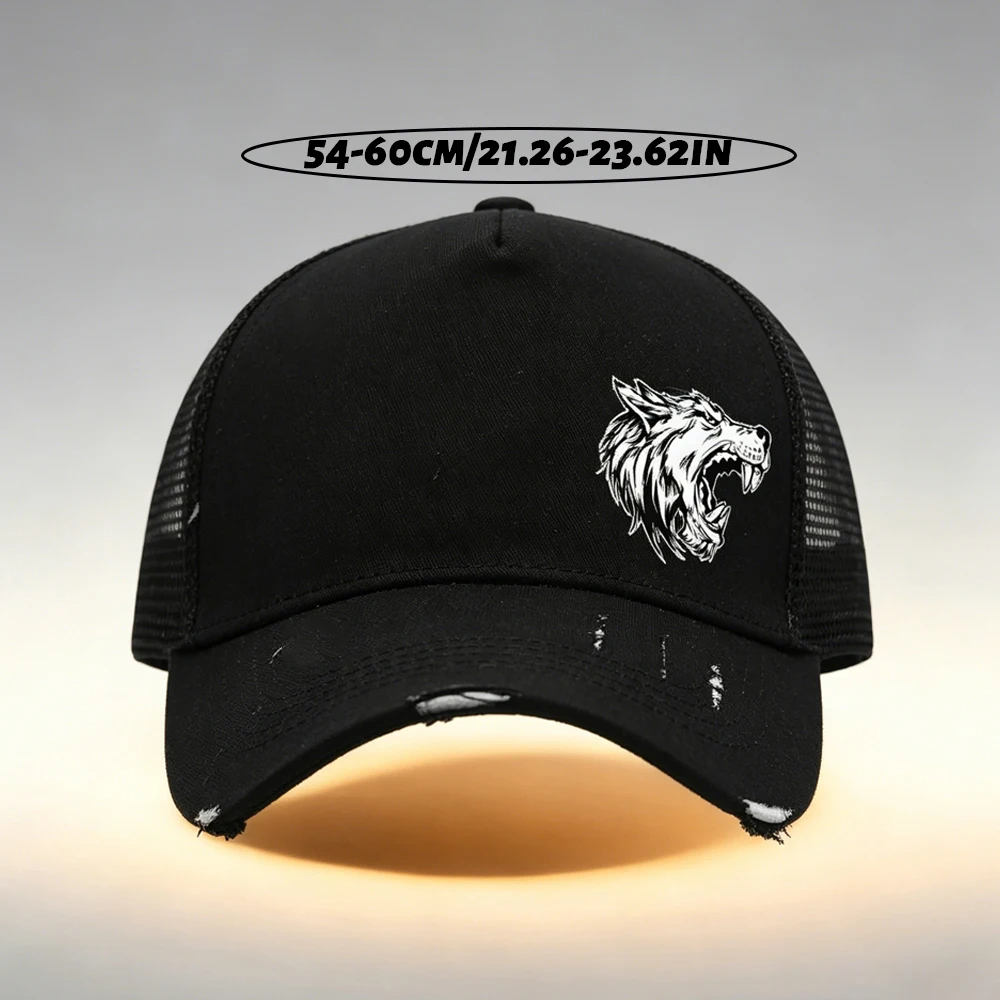 Unisex Adjustable Tear Style Baseball Cap With Wolf Logo Pattern Print Design, Breathable Mesh , Suitable For Outdoor Sports view 2