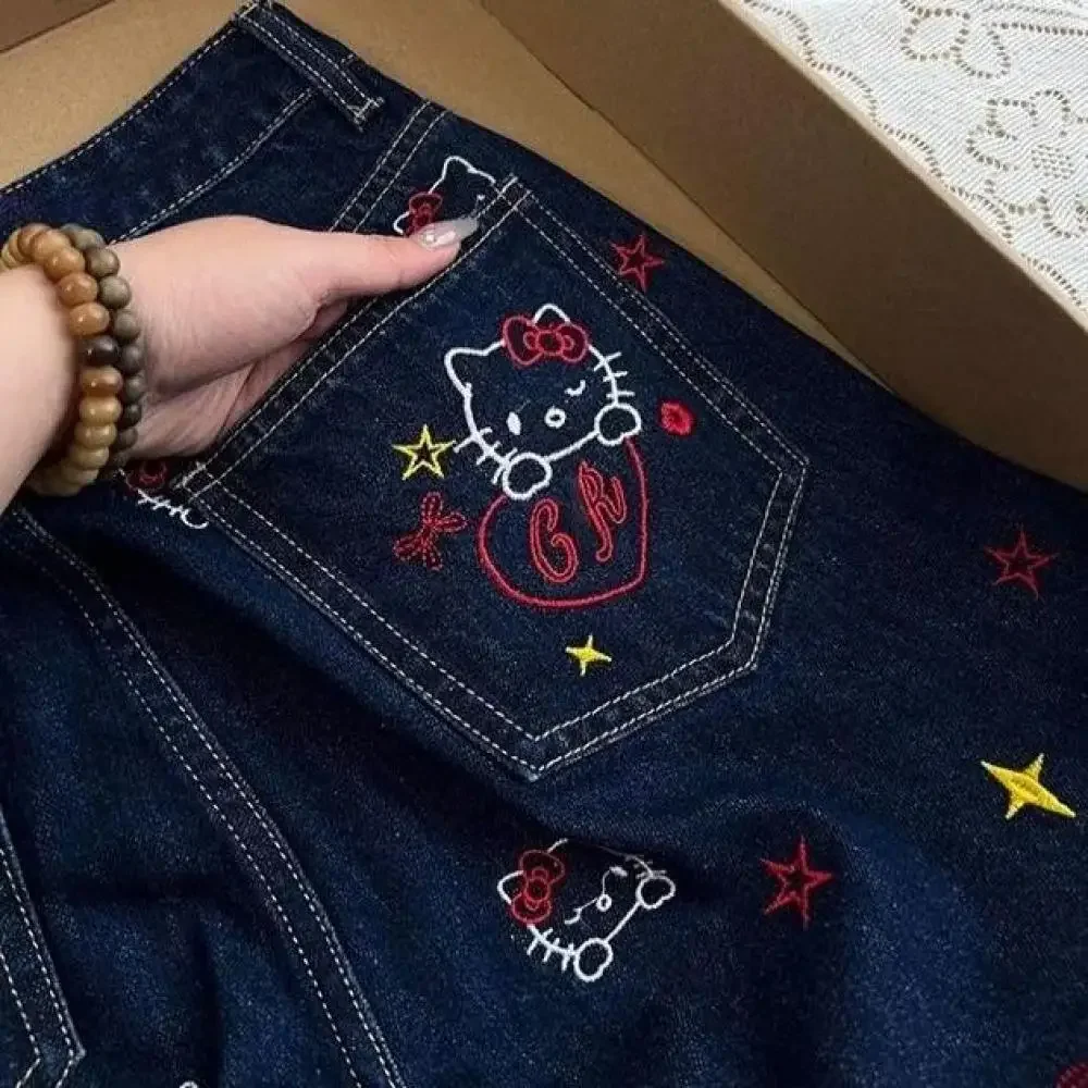 アメリカンスタイル Y2K ハローキティデニムパンツサンリオアニメガールズジーンズかわいい新しい女性夏猫刺繍スリムストレートパンツ