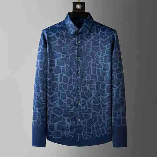 2024 New fashion casual silk irregular printed men's long sleeved shirt