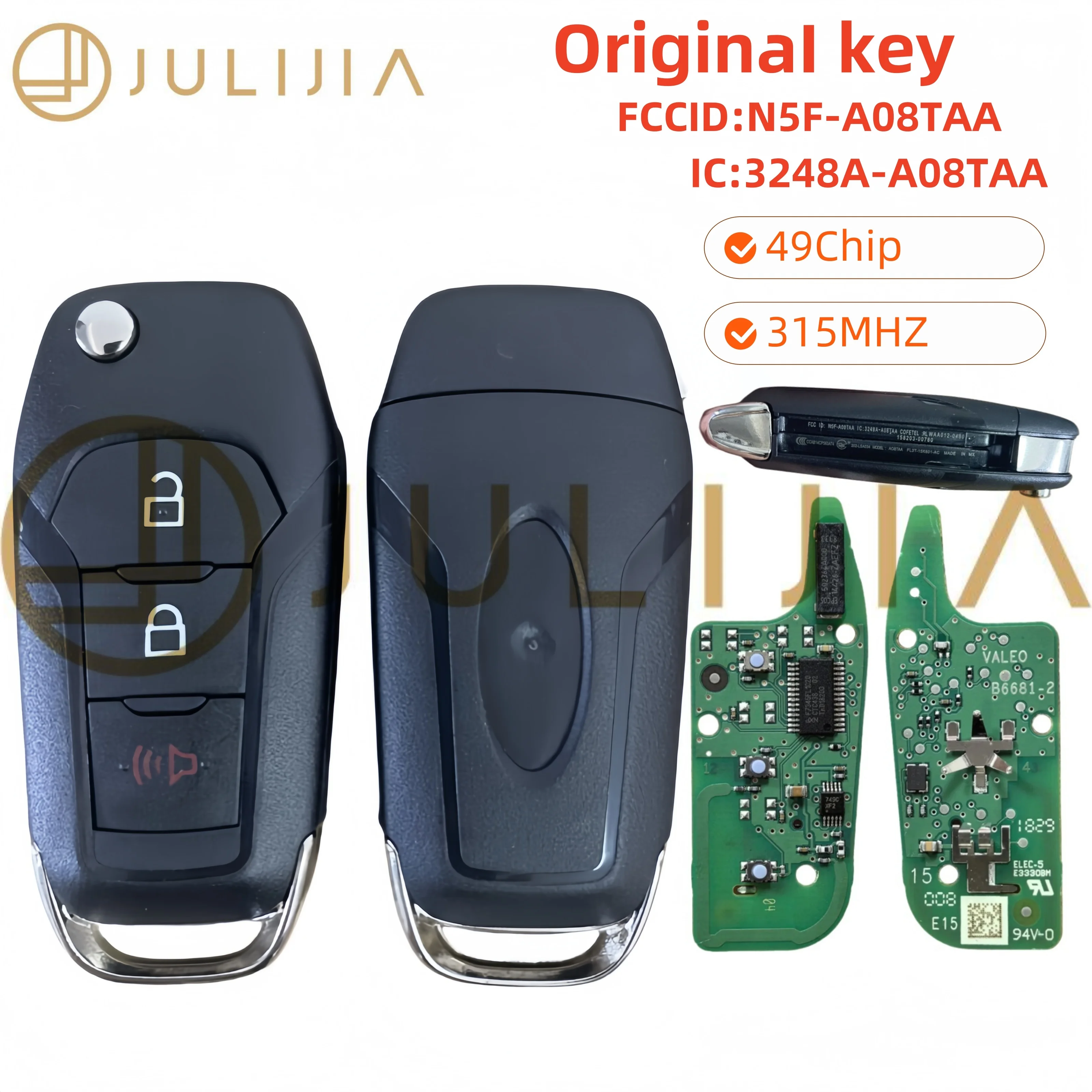 JULIJIA For Original Para Ford F150 F250 315MHz 49 Chips FL3T-15K601-AC Keyless Entry Remoto Coche Flip Key 3 Buttons