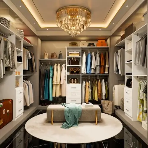 96 inch Closet System with Wooden Drawers, 5FT-8FT Closet Organizer System with Shelving Tower, Walkin Closet System