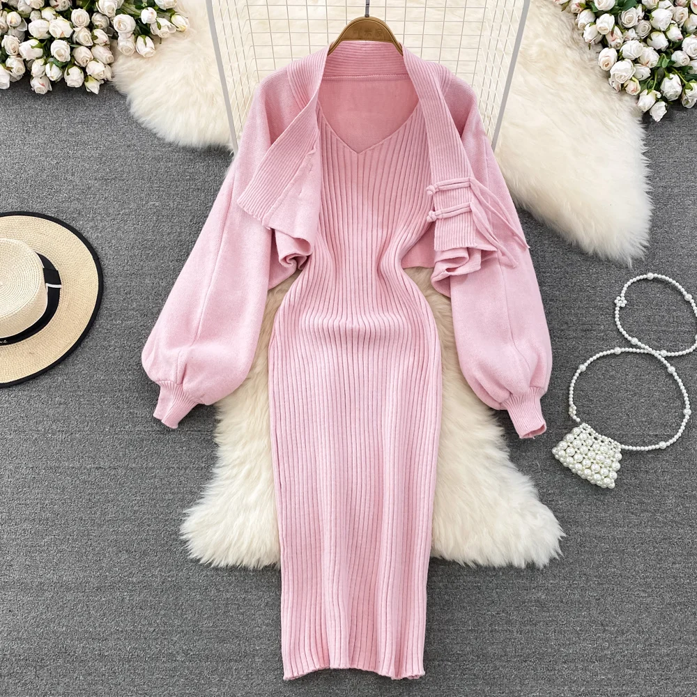 

Temperament V-neck Bat Sleeve Button Knit Cardigan Coat And Elastic Knit Dress Women Gentle Wind Knitting Sling Hip Wrap Dresses