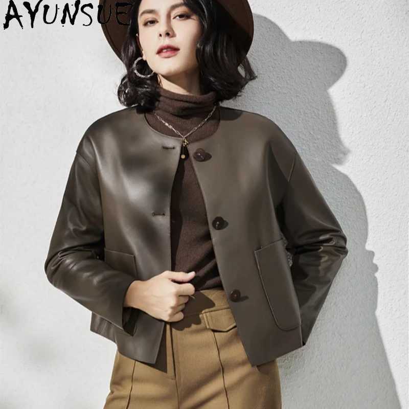 

AYUNSUE Real Leather Jacket Women Elegant Short Leather Jackets Fashion Genuine Sheepskin Coat O-neck Jaqueta Feminina Couro