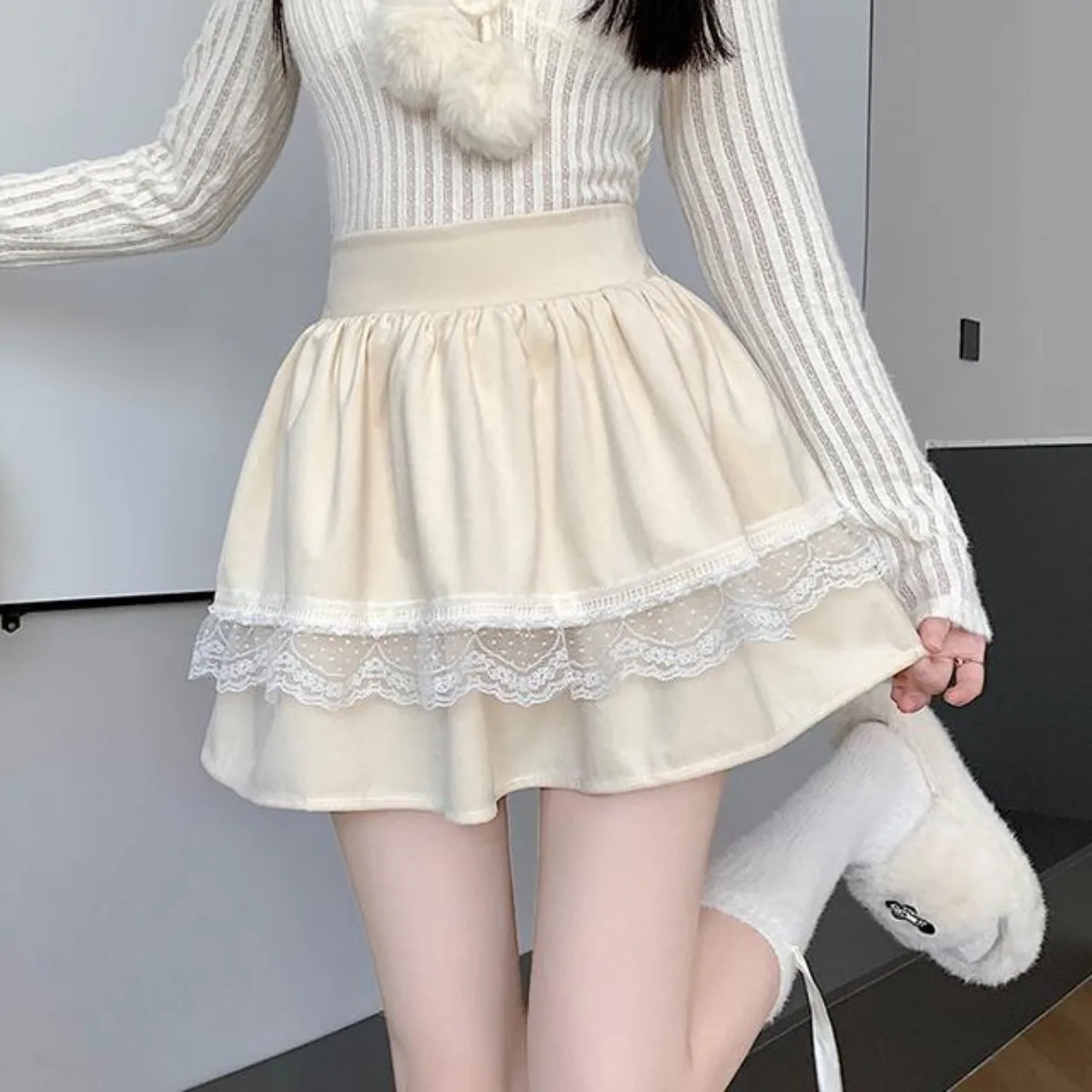Balletcore Tutu Skirt - Sweetheart Elastic Waist Puff Mini Lace Cake Layered Skirt, Flirty & Youthful Korean Style Clothes Woman