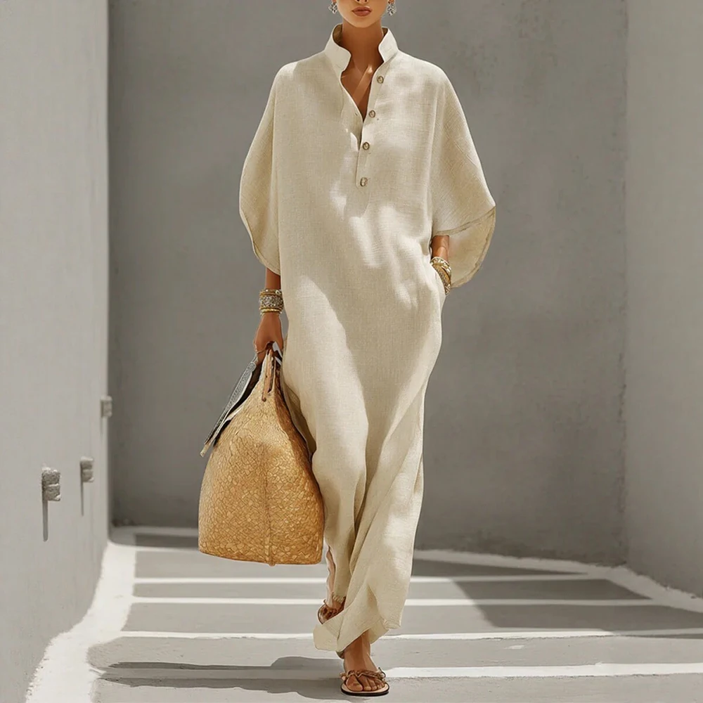 Women's Imitation Linen Batwing Sleeve Maxi Dress Vintage Stand Collar Half Button Pocket Loose Casual Summer Kaftan Dresses view 2