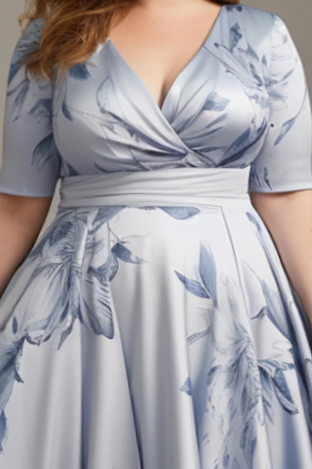 Flycurvy Plus Size Mother Of The Bride Light Blue Floral Print Wrap Tea-Length Dress