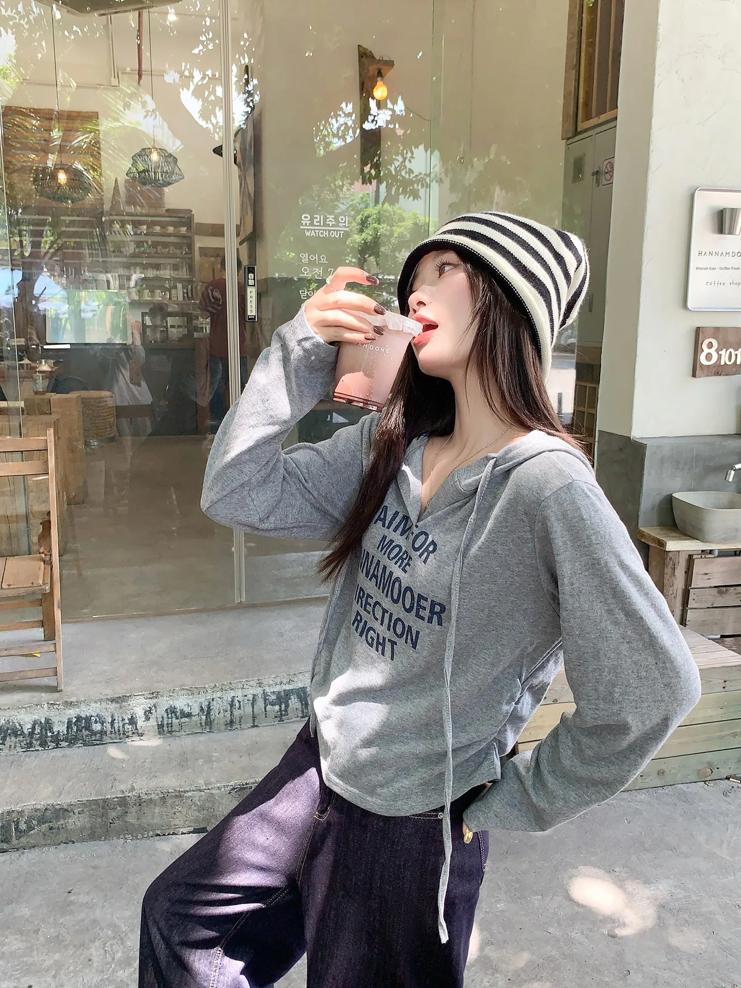 

Свободная женская футболка с капюшоном Long Sve, корейский принт, повседневная внутренняя одежда, цельный топ ранней осени