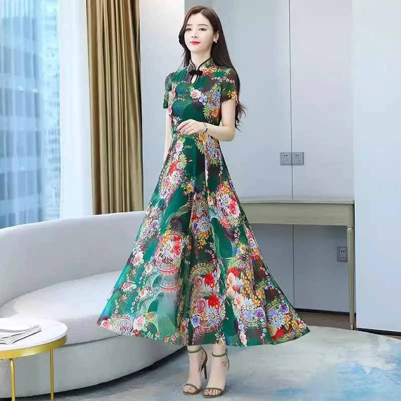 

2024 Summer New Women's Cheongsam Button Up Dress Women's Long Style Korean Version Middle aged Mother's Dress