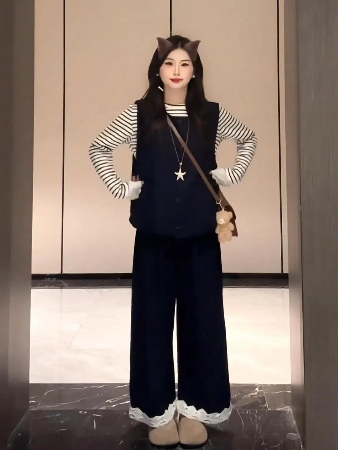 

Casual Black Three-Piece Set round Neck Long Sleeve Top Tank Top Wide Leg Pants Trendy Korean Style Women's Fashion Ensemble