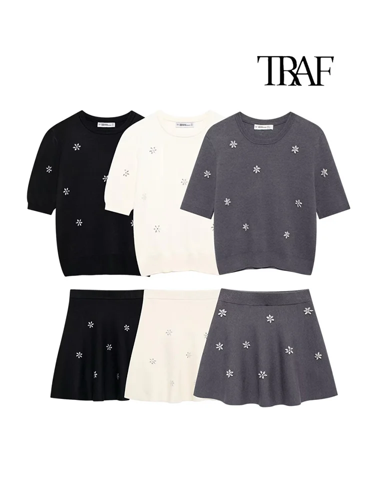 TRAF New Women's Studded Floral Knit Set Autumn and Winter Fashion Short Sleeve Round Neck Top + Elastic Waist Skirt