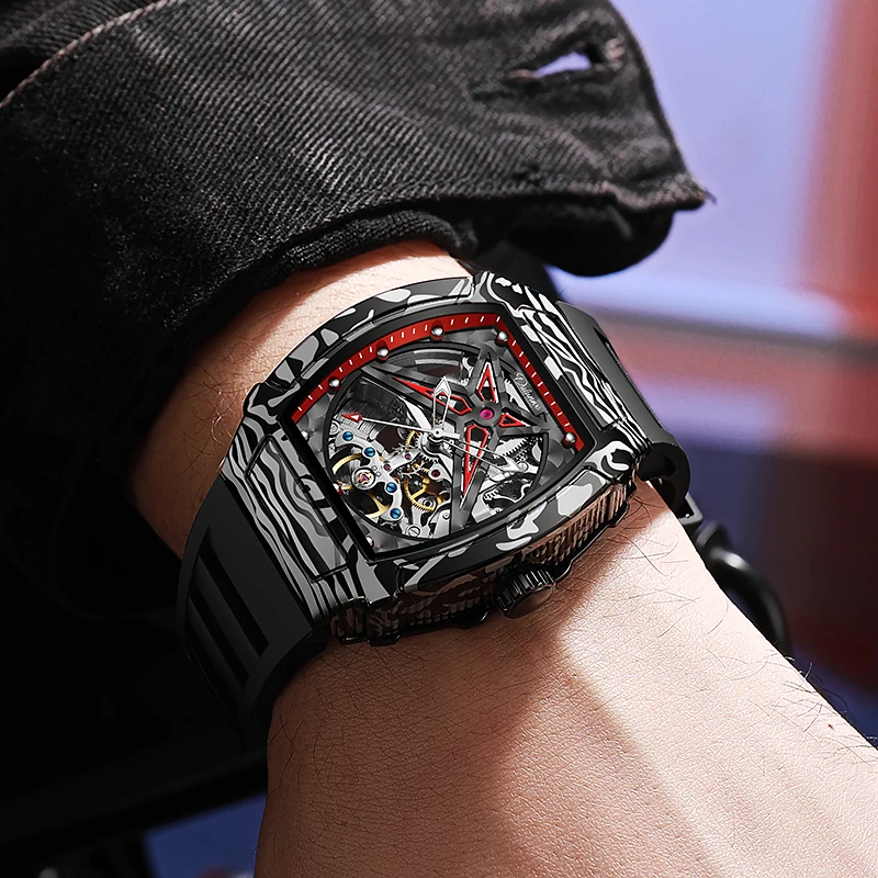 Original Design Tonneau Skeleton Automatic Watch for Men Waterproof Luminous Tourbillon Mechanical Watches reloj New