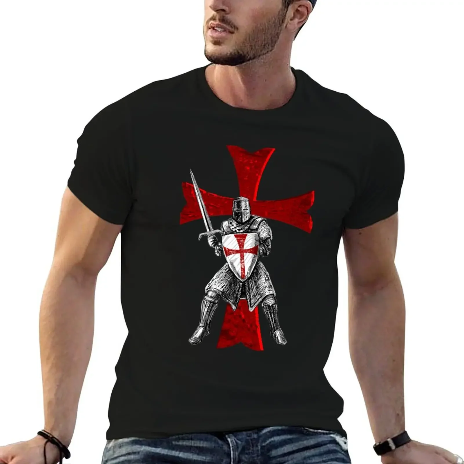 

Knight Templar Holding a Sword and a Shield T-Shirt shirts graphic sweat plus sizes baggy shirts mens graphic t-shirts hip hop