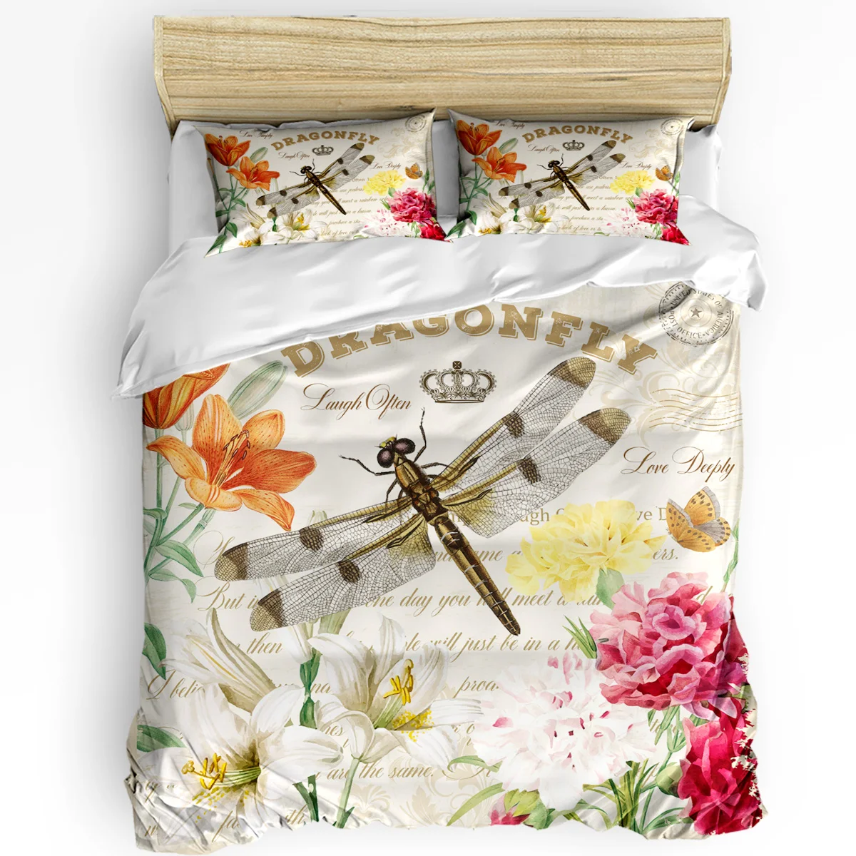 

Flower Dragonfly Crown Vintage Letters Duvet Cover with Pillow Case Custom 3pcs Bedding Set Quilt Cover Double Bed Home Textile