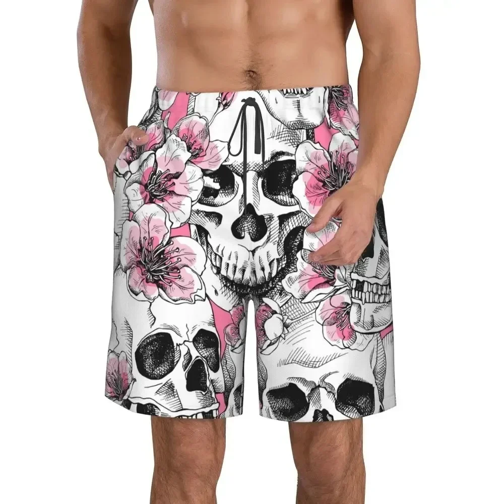 Men's Trendy Skull Flower Print Casual Shorts Summer Loose Beach Pants for Vacation Home Outdoor Wear