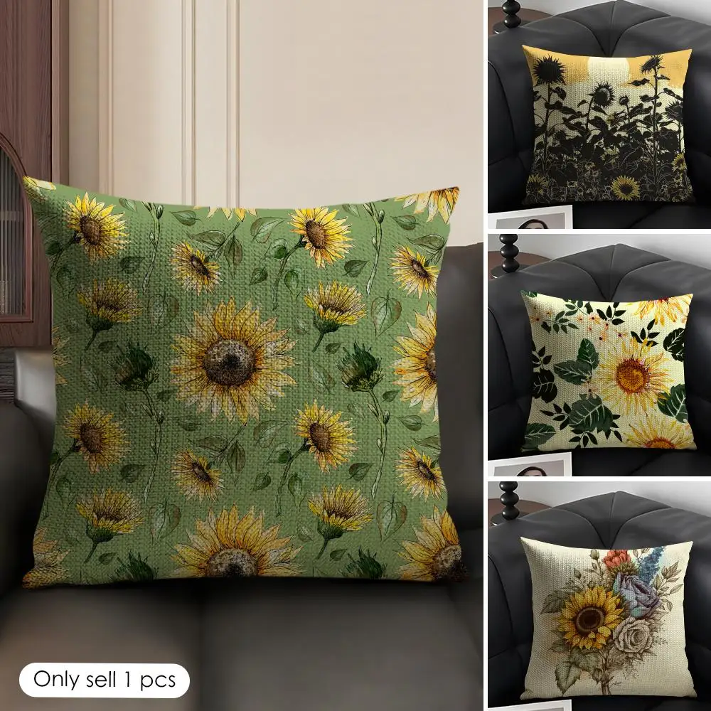 Vintage Sunflower Pattern Cushion Cover Natural Linen Organic Fabric Double-Sided Printing Breathable Perfect Gift for Decor