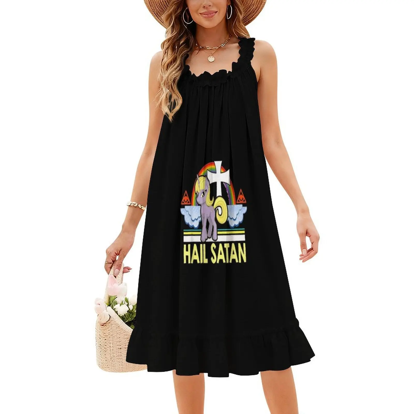 يونيكورن حائل الشيطان الموت المعادن قوس قزح نمط Preppy فستان قصير للنساء ألف خط فضفاض صالح فستان يوم غير رسمي يونيكورن حائل الشيطان