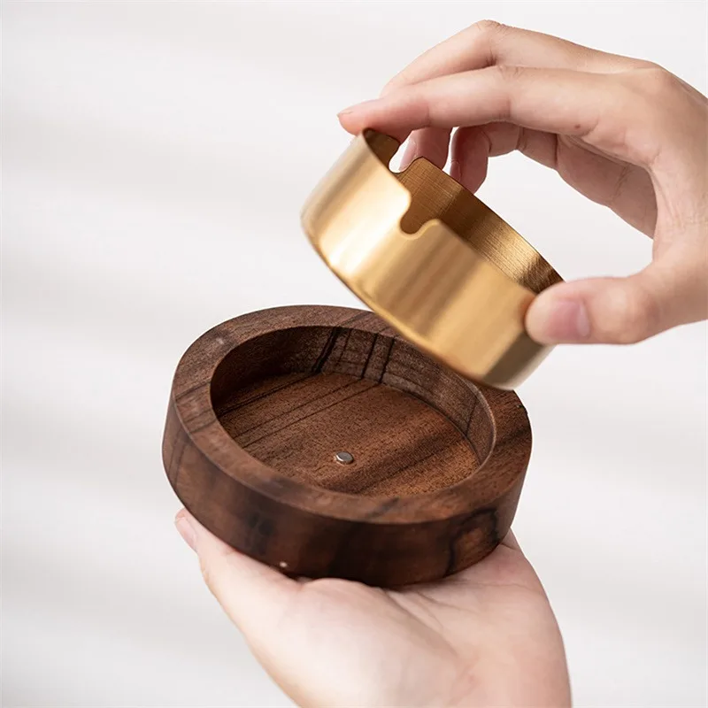 Creative Wood Ashtrays Lid Covered Windproof Ashtray With Stainless Steel Liner Indoor Outdoor Ash Tray For Home