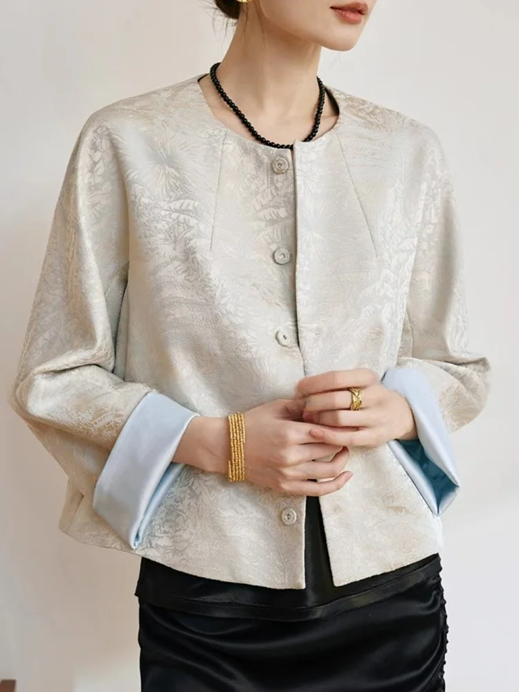 

Retro Chinese Sle Faionable Versatile Single Button Long Sve Color Blo Loose Slimming Top High End Feel Outerwear